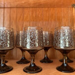 Libbey Smoky Gray Etched Goblets - Set of 7